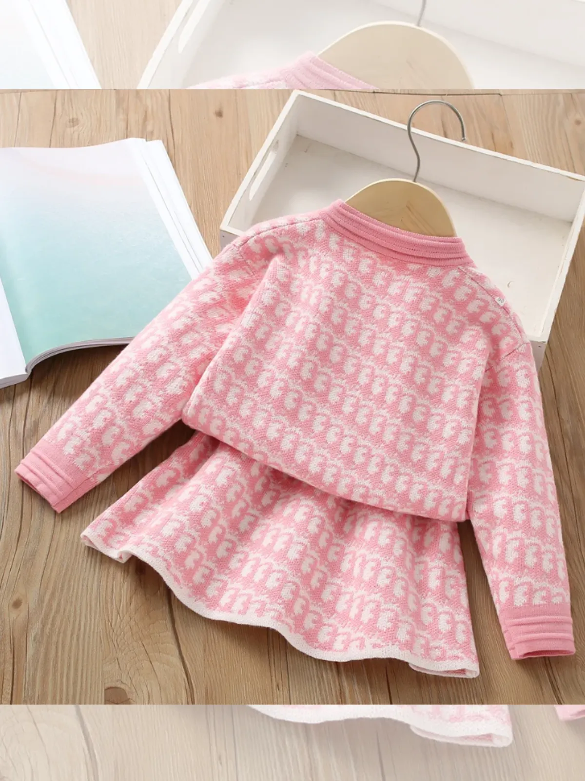 Charming Knitted Girls' Bow-Accent Jacket and Skirt Set