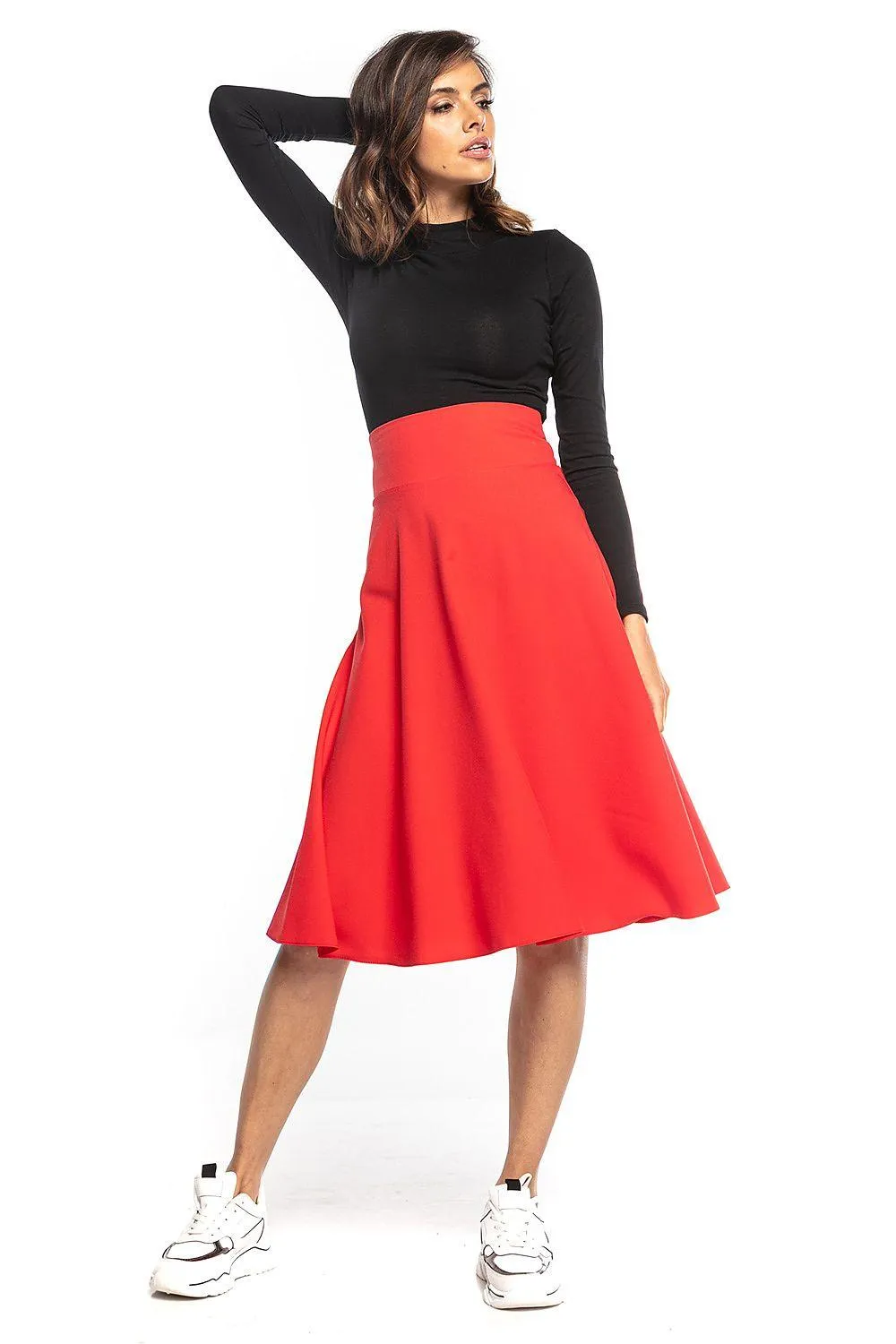 Chic High-Waisted Midi Skirt with Decorative Zip Closure