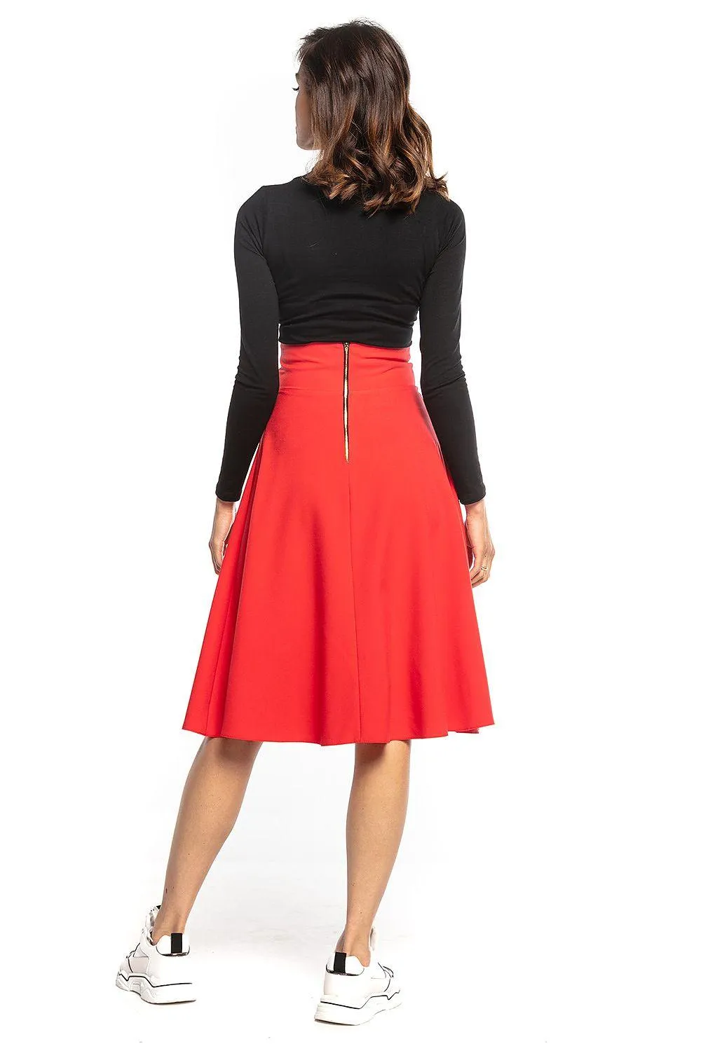 Chic High-Waisted Midi Skirt with Decorative Zip Closure