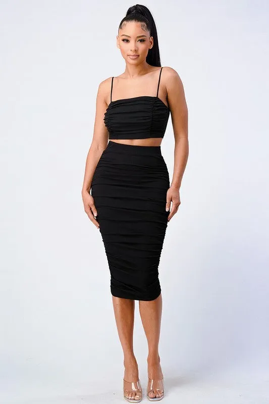 CHIC RUCHED CAMI CROPPED TOP AND MIDI SKIRT SET