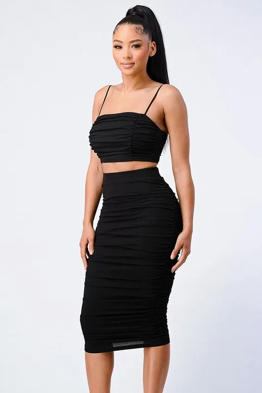 CHIC RUCHED CAMI CROPPED TOP AND MIDI SKIRT SET