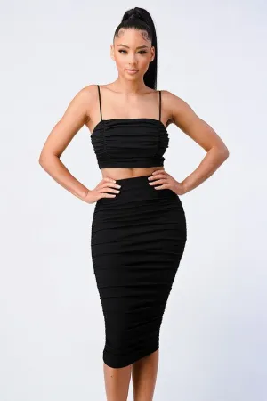 CHIC RUCHED CAMI CROPPED TOP AND MIDI SKIRT SET