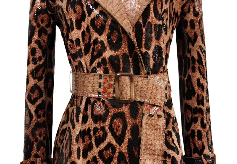 Chic Snakeskin Leopard Print Long Trench Coat for Women - Elegant Long Sleeve Leather Overcoat