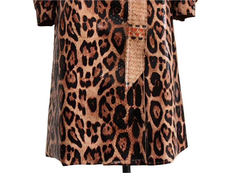 Chic Snakeskin Leopard Print Long Trench Coat for Women - Elegant Long Sleeve Leather Overcoat