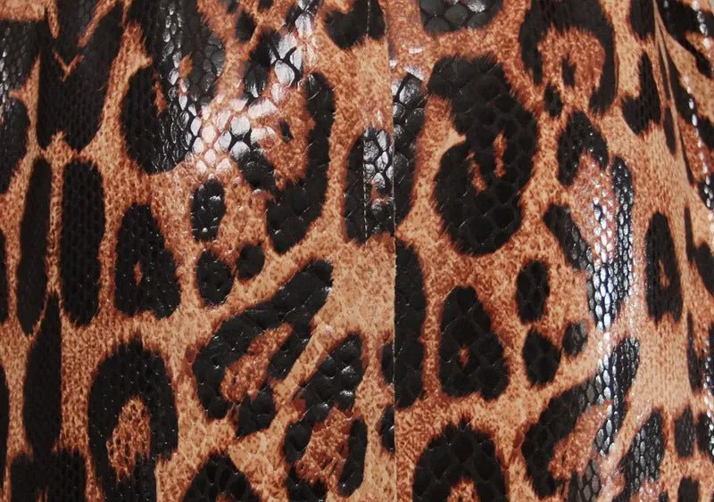 Chic Snakeskin Leopard Print Long Trench Coat for Women - Elegant Long Sleeve Leather Overcoat