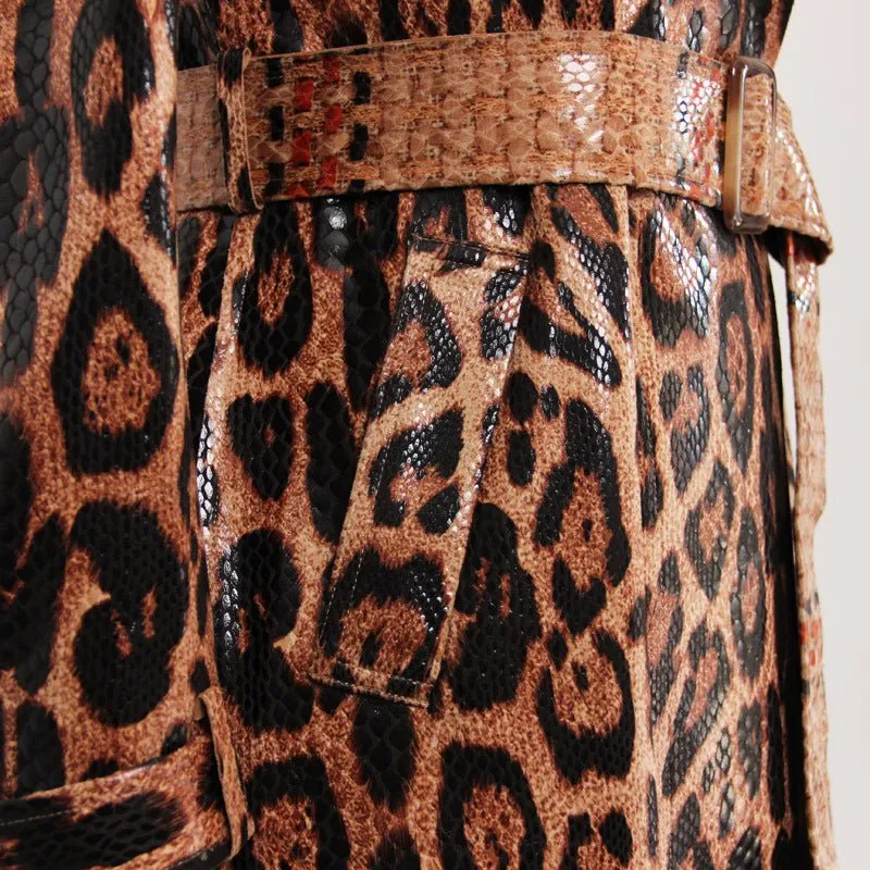 Chic Snakeskin Leopard Print Long Trench Coat for Women - Elegant Long Sleeve Leather Overcoat