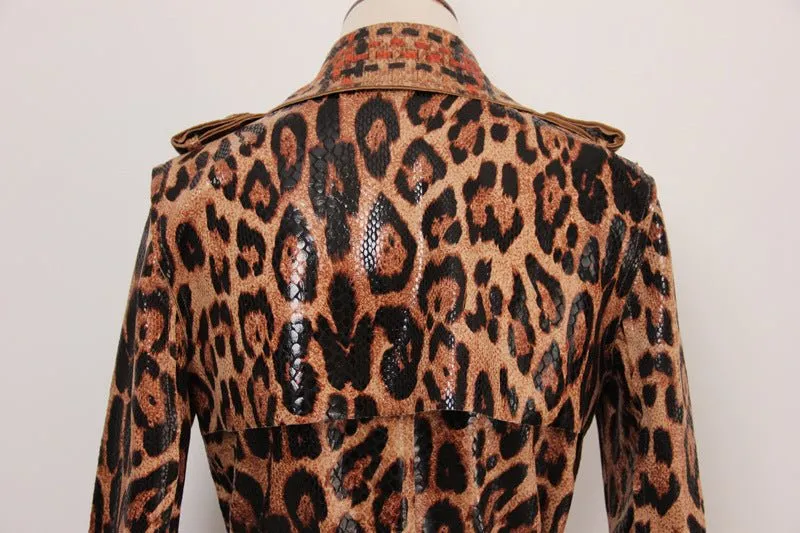 Chic Snakeskin Leopard Print Long Trench Coat for Women - Elegant Long Sleeve Leather Overcoat