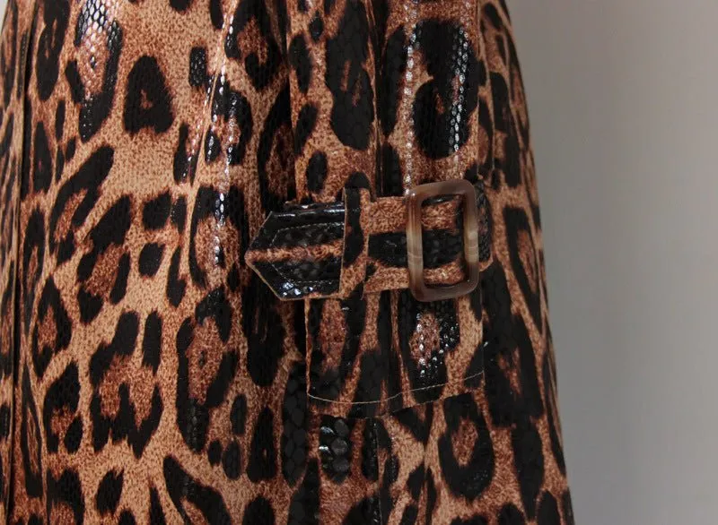 Chic Snakeskin Leopard Print Long Trench Coat for Women - Elegant Long Sleeve Leather Overcoat