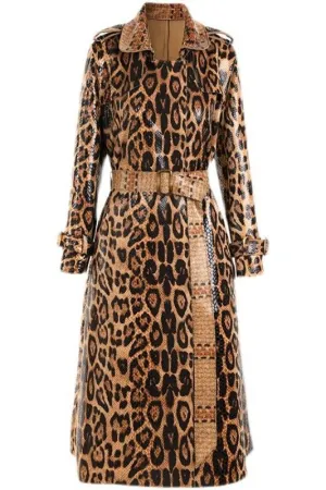 Chic Snakeskin Leopard Print Long Trench Coat for Women - Elegant Long Sleeve Leather Overcoat