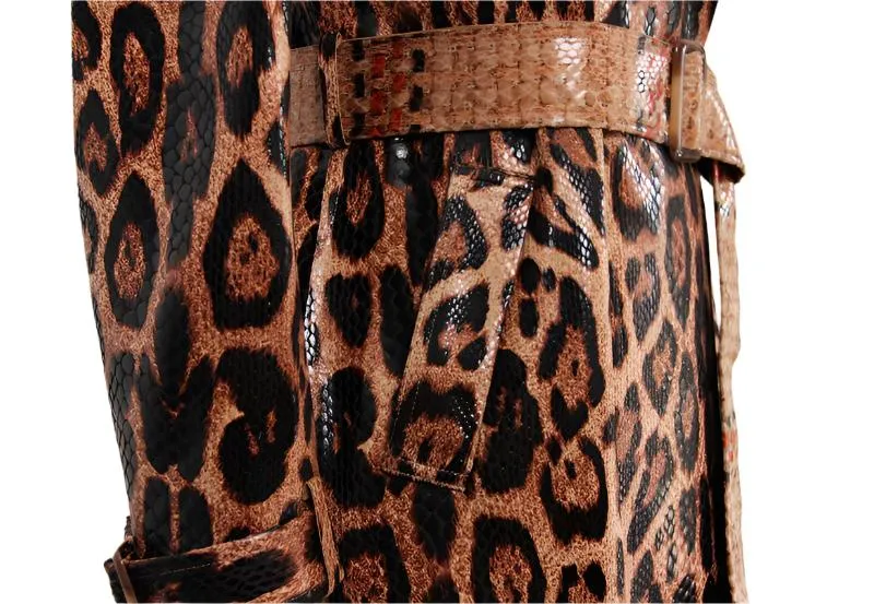 Chic Snakeskin Leopard Print Long Trench Coat for Women - Elegant Long Sleeve Leather Overcoat