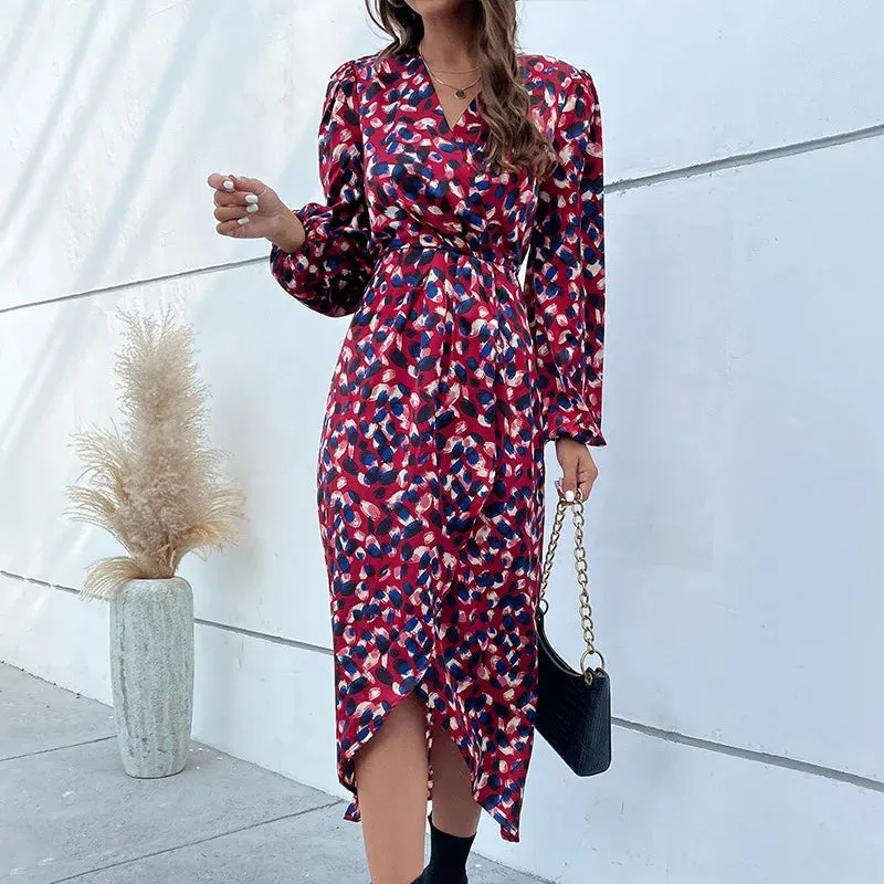 Christmas Print Polka Split Outwear V-Neck Full Lantern Sleeve Skinny A-Line Midi Dress