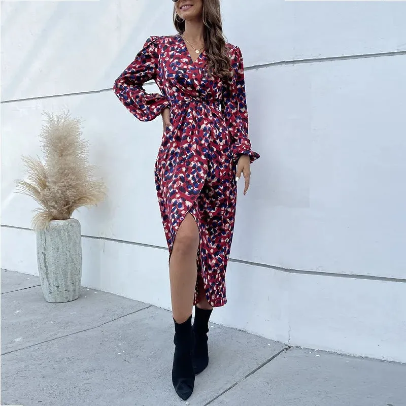 Christmas Print Polka Split Outwear V-Neck Full Lantern Sleeve Skinny A-Line Midi Dress