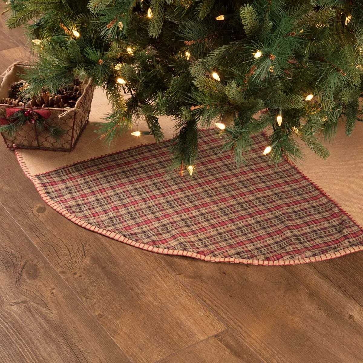 Christmas Tree Skirt 48 inch Clement Plaid Patchwork Tan Red Black Holiday Decor VHC Brands