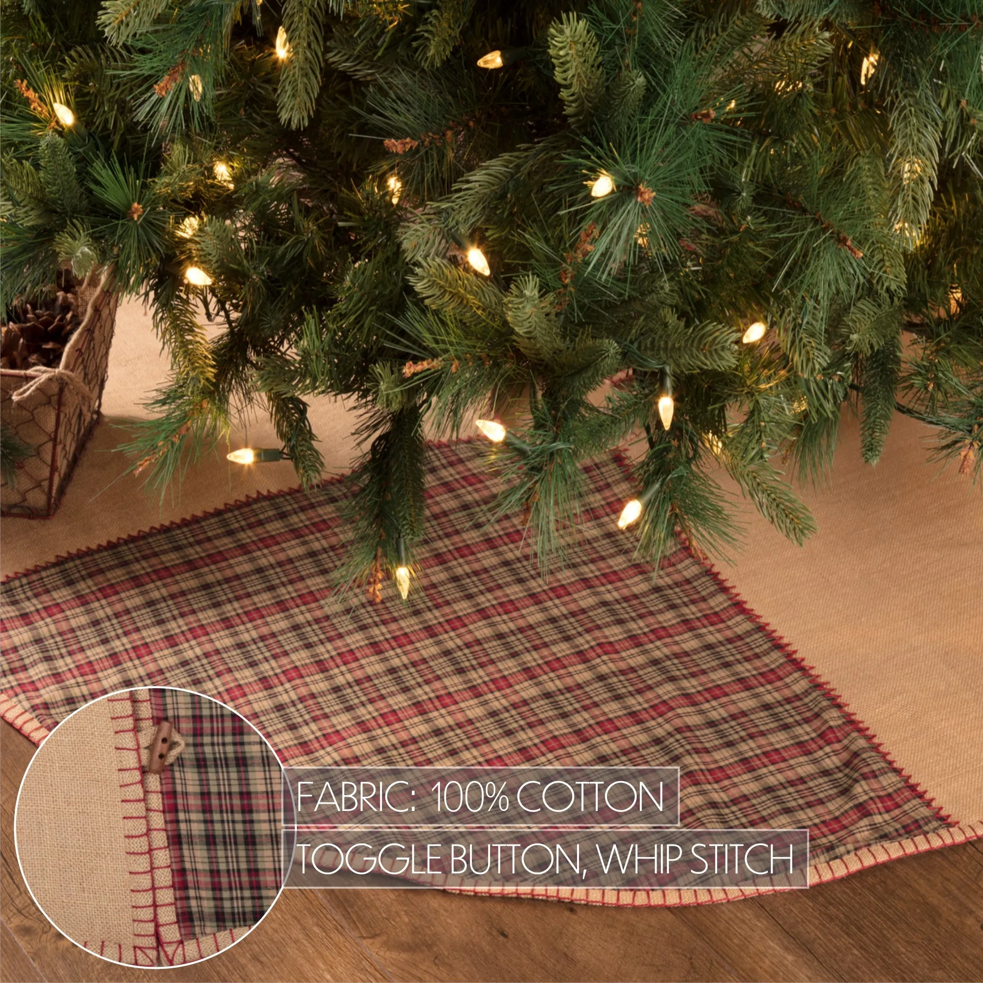 Christmas Tree Skirt 48 inch Clement Plaid Patchwork Tan Red Black Holiday Decor VHC Brands