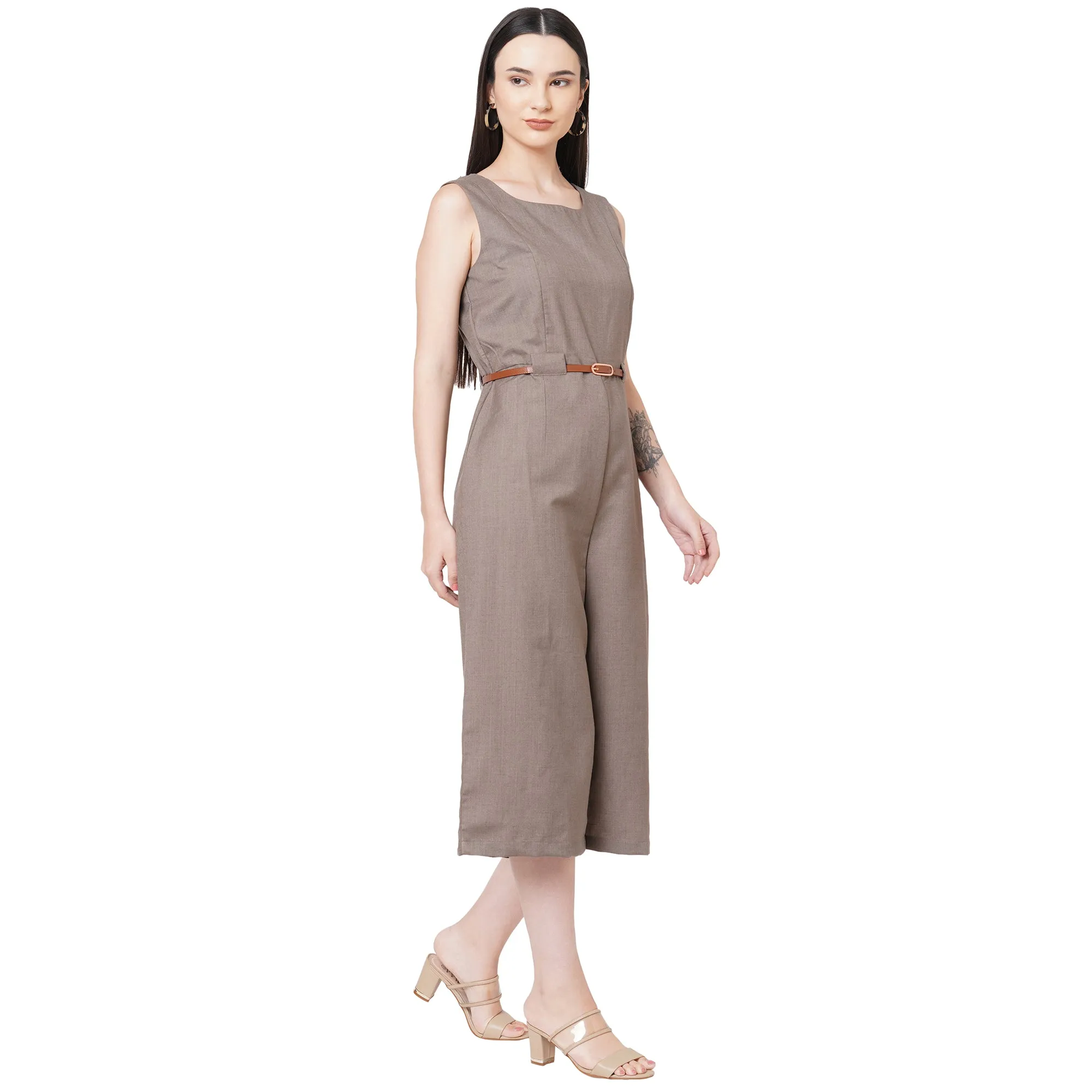 Coffee Round Neck Solid Jumpsuit