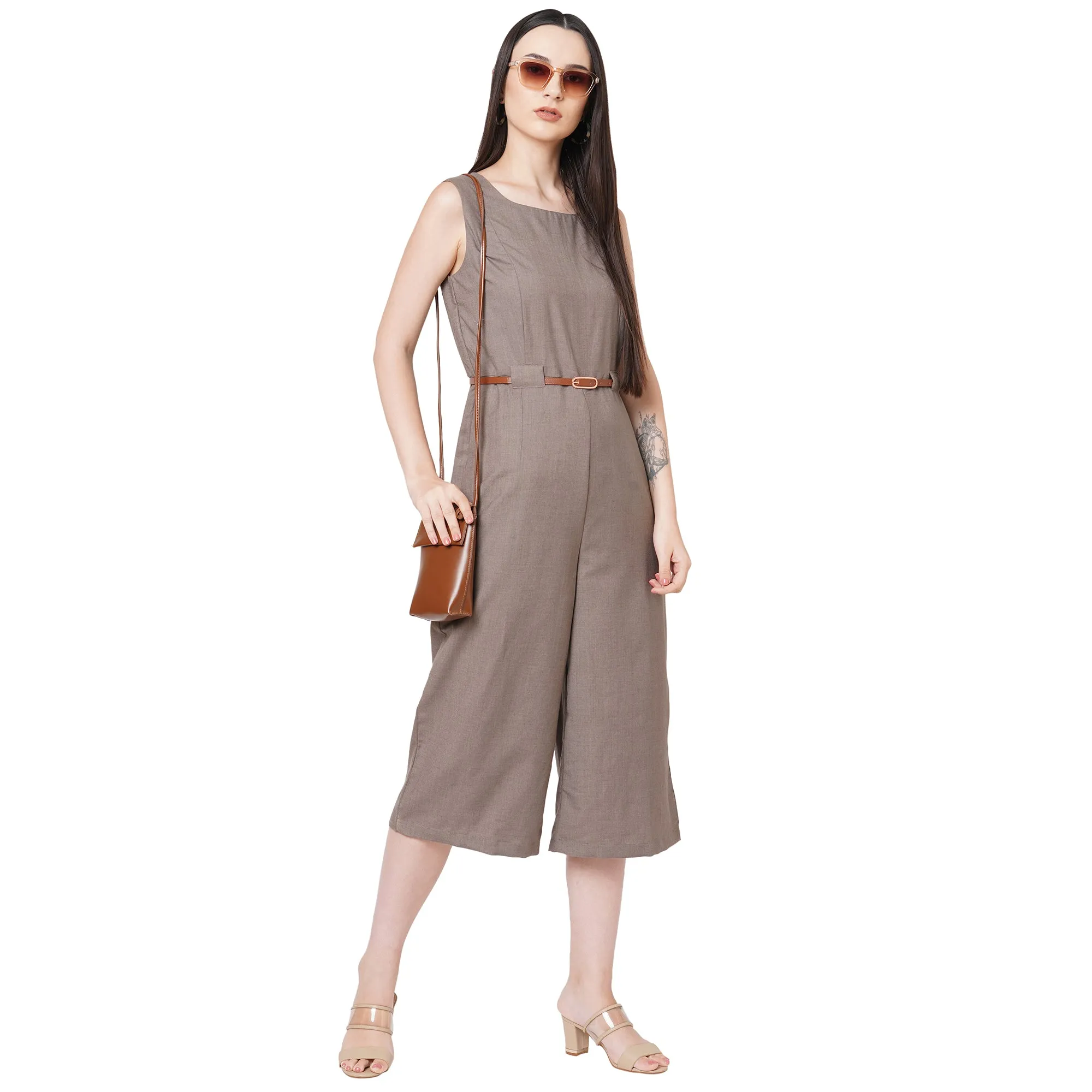 Coffee Round Neck Solid Jumpsuit