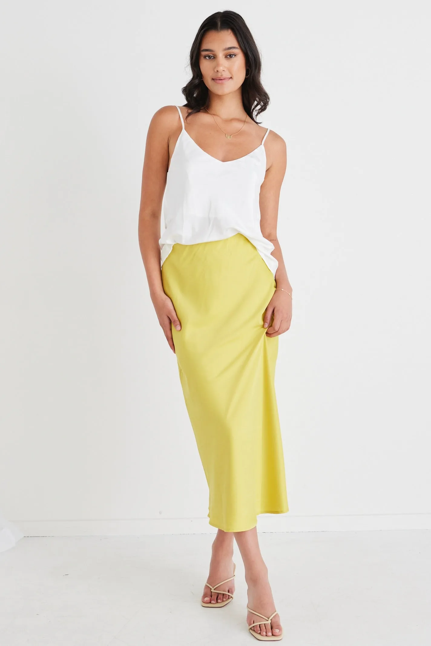 Collide Citron Satin Bias Cut Midi Skirt