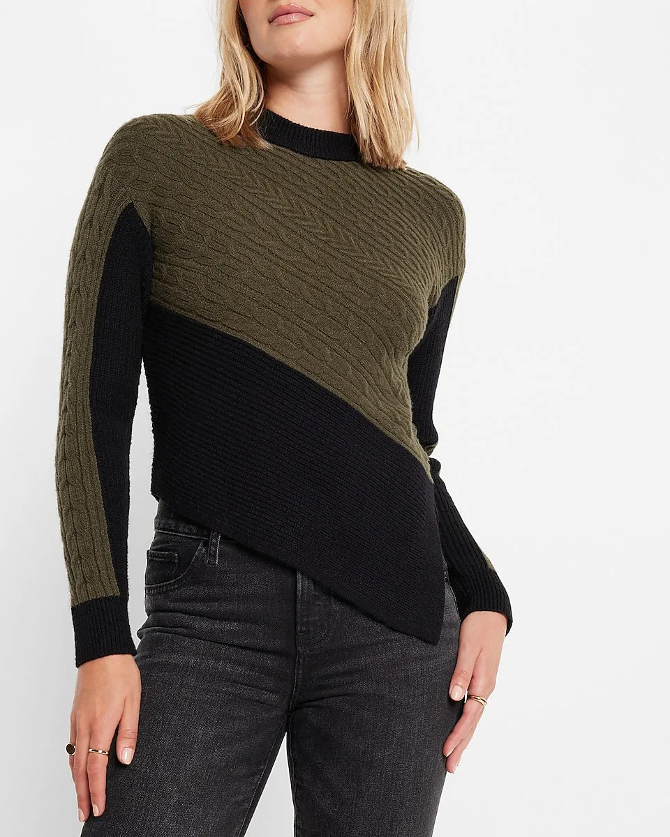 Color Block Cable Knit Asymmetrical Hem Sweater in Olive Green