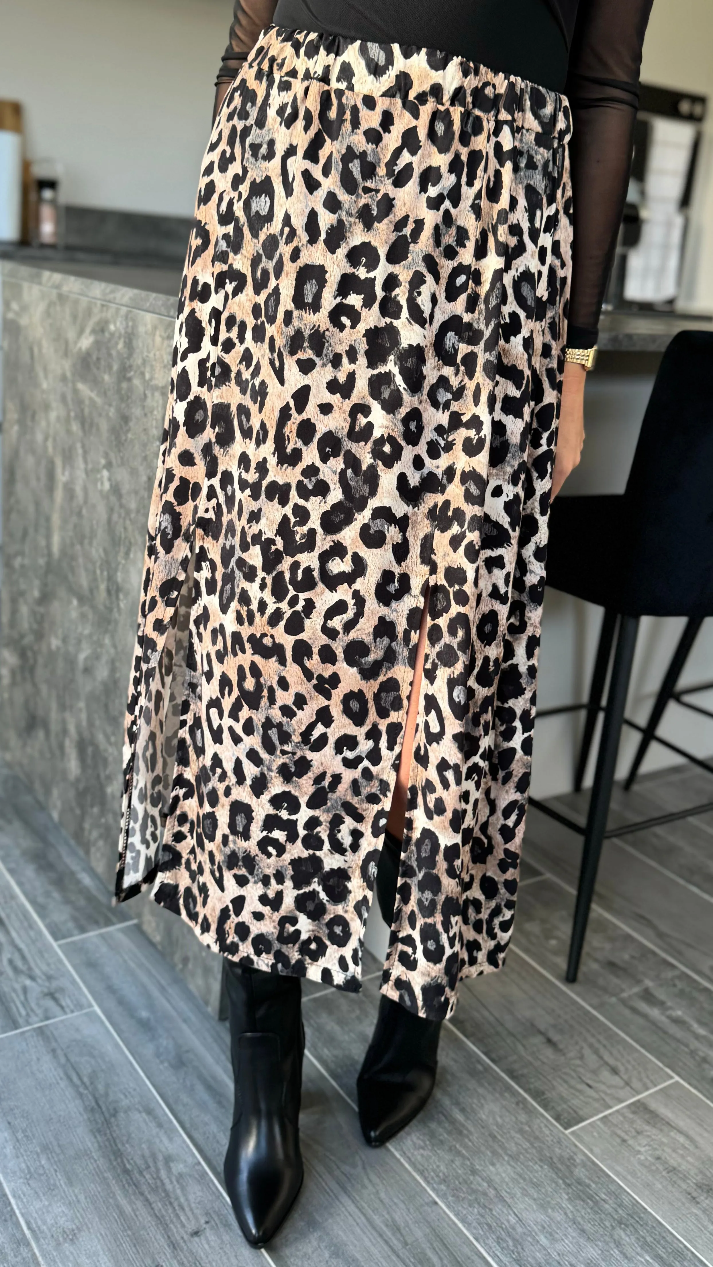 Coralena Beige & Black Leopard Print Midi Skirt