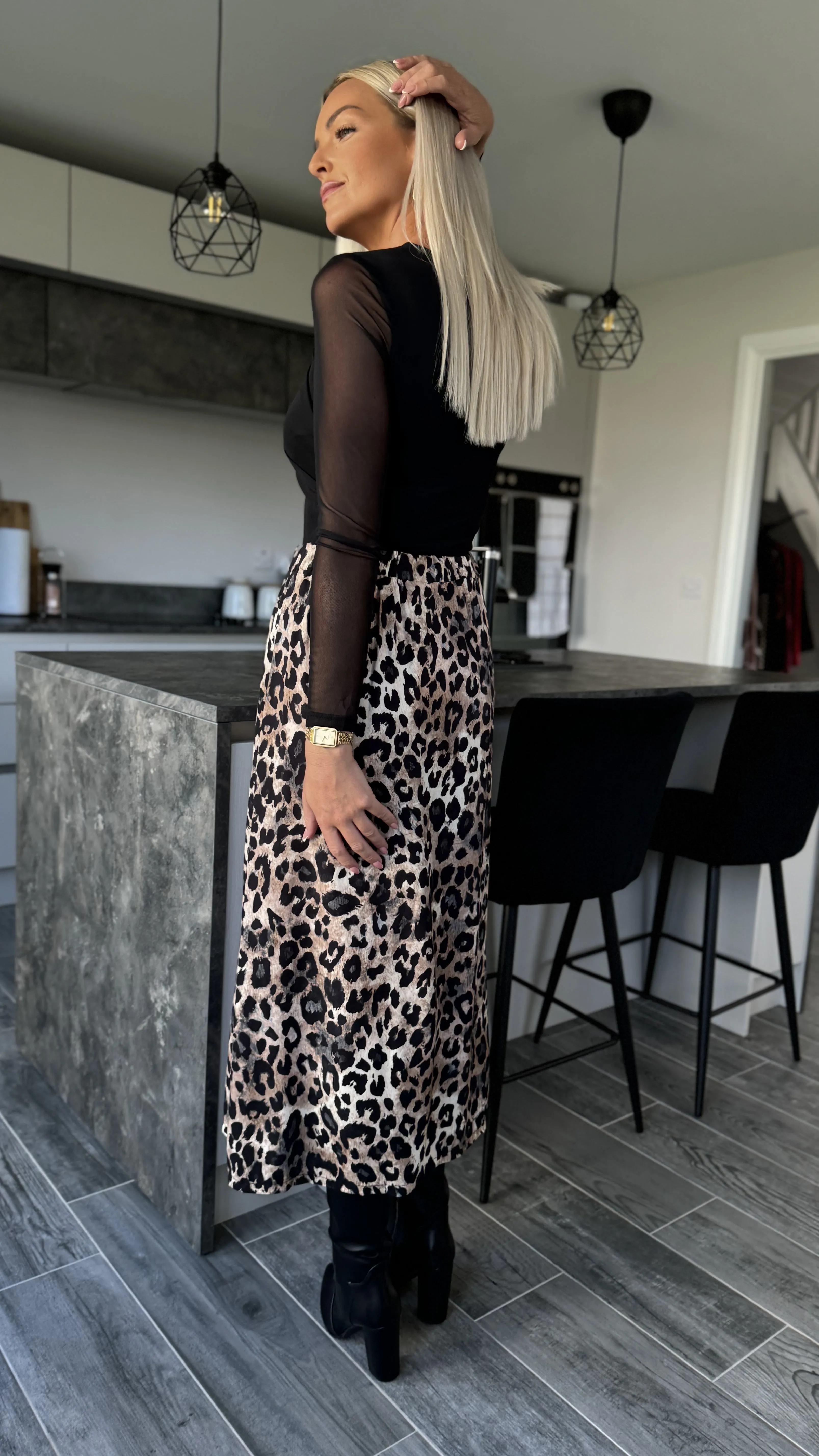 Coralena Beige & Black Leopard Print Midi Skirt