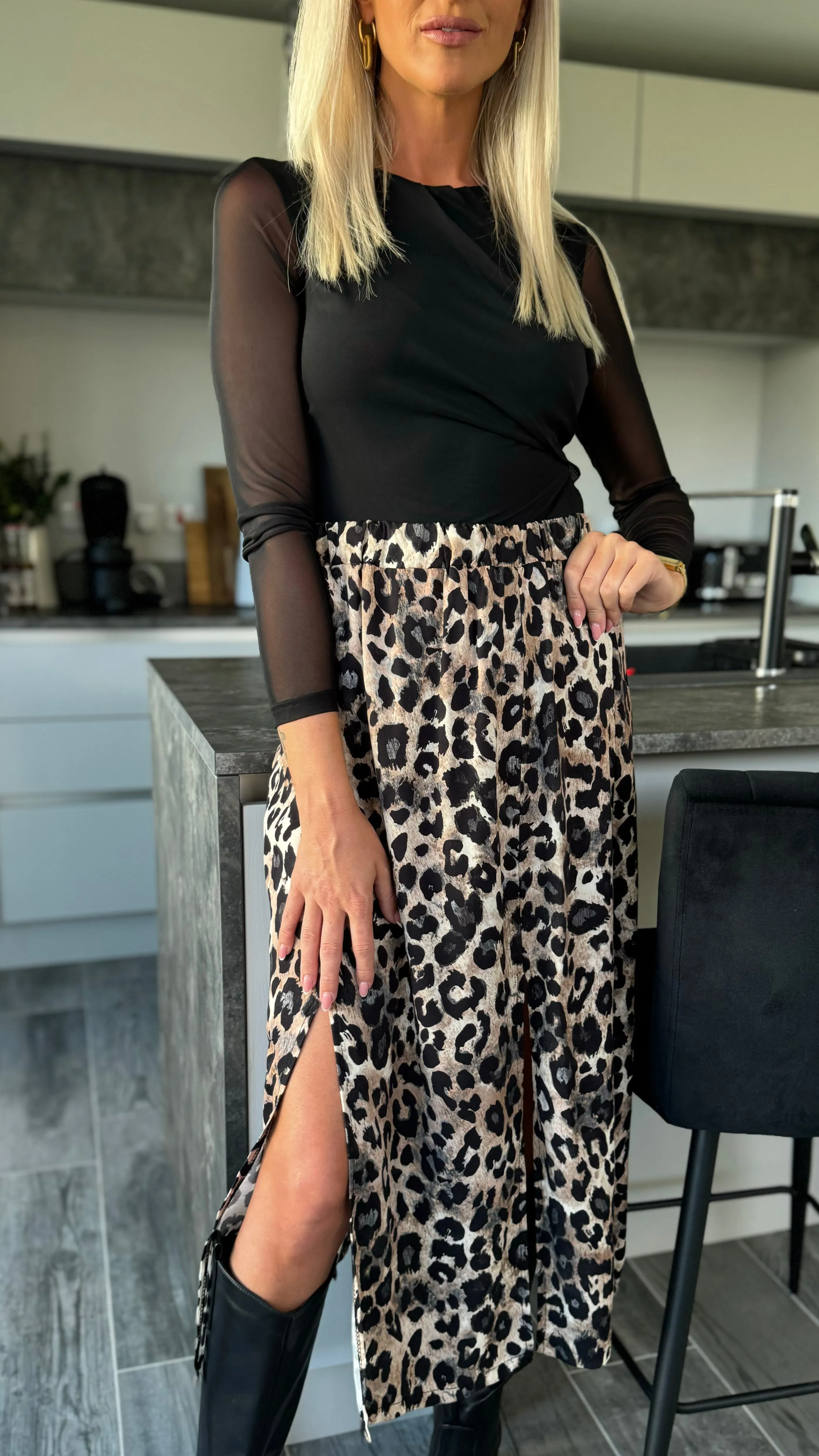 Coralena Beige & Black Leopard Print Midi Skirt