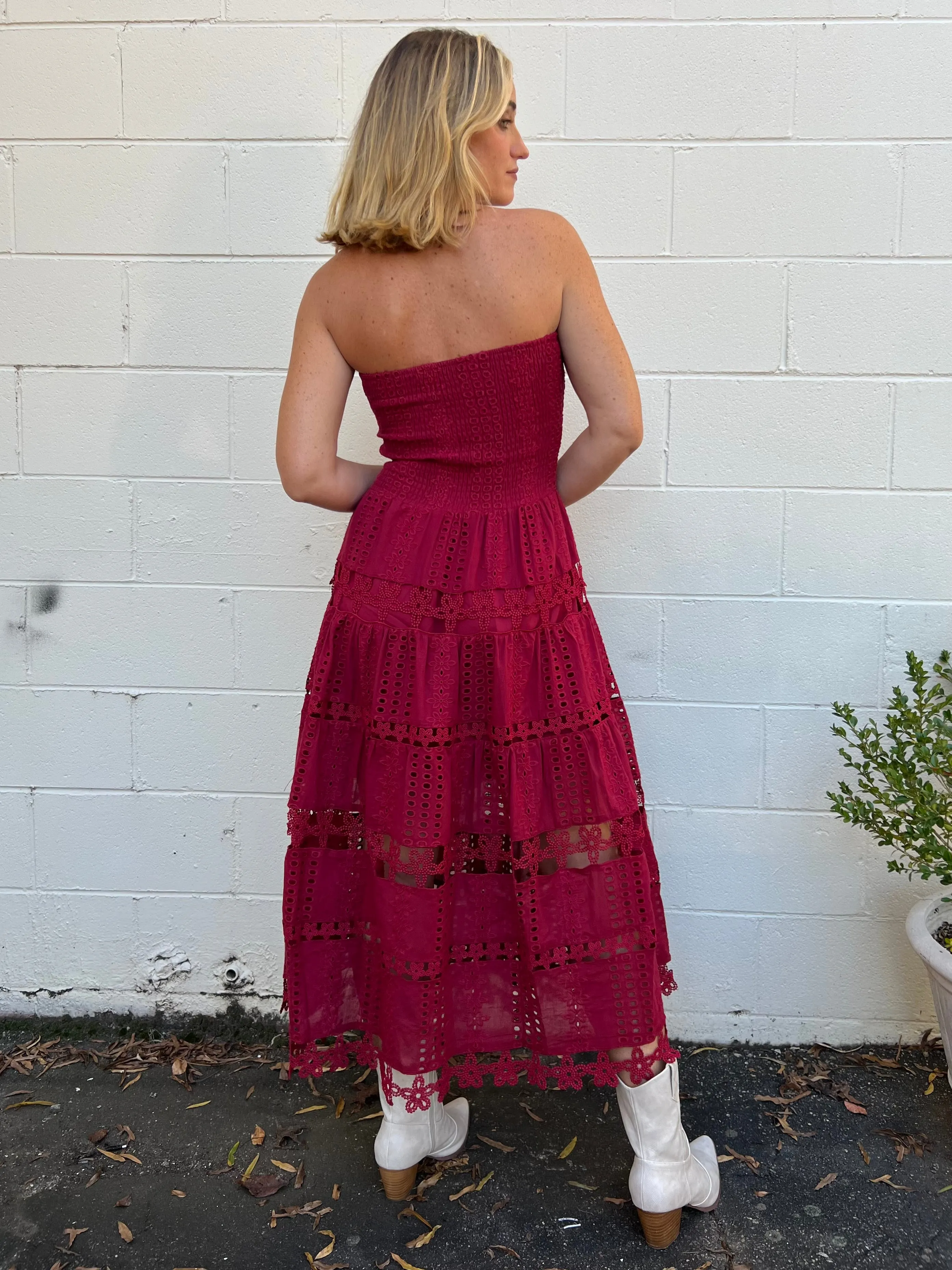 Cosmo Eyelet Lace Strapless Midi Dress - Burgundy