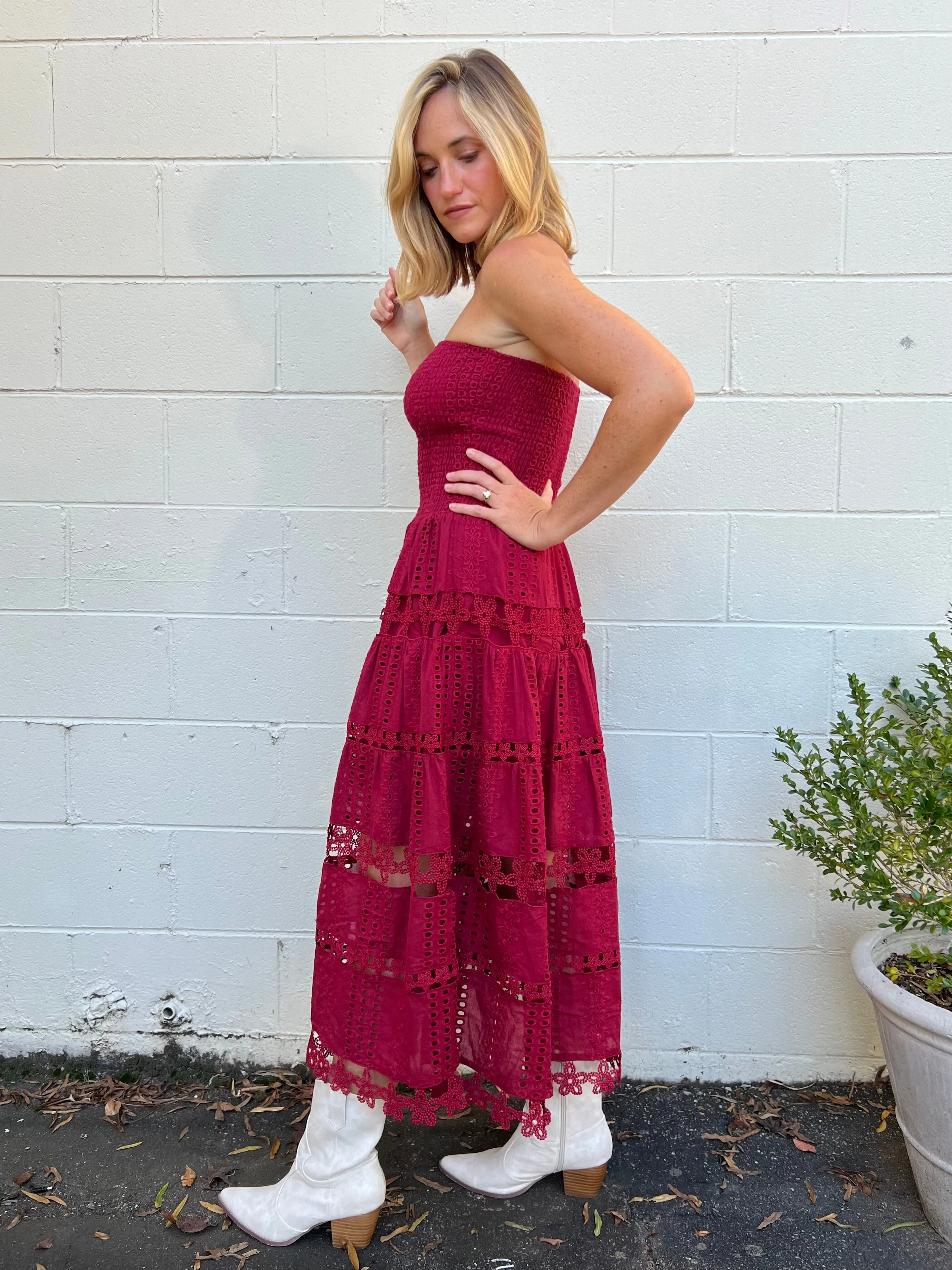 Cosmo Eyelet Lace Strapless Midi Dress - Burgundy