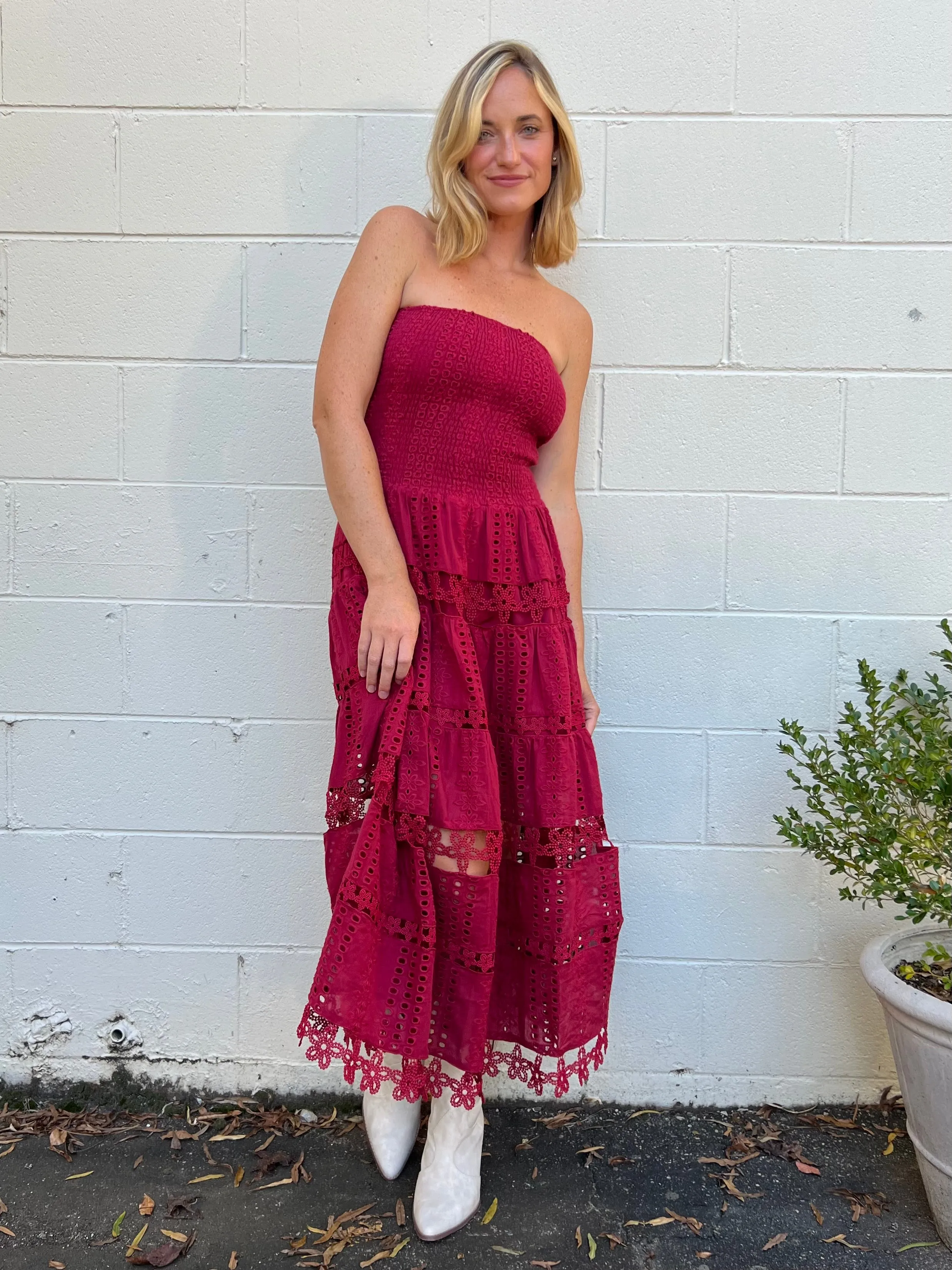 Cosmo Eyelet Lace Strapless Midi Dress - Burgundy