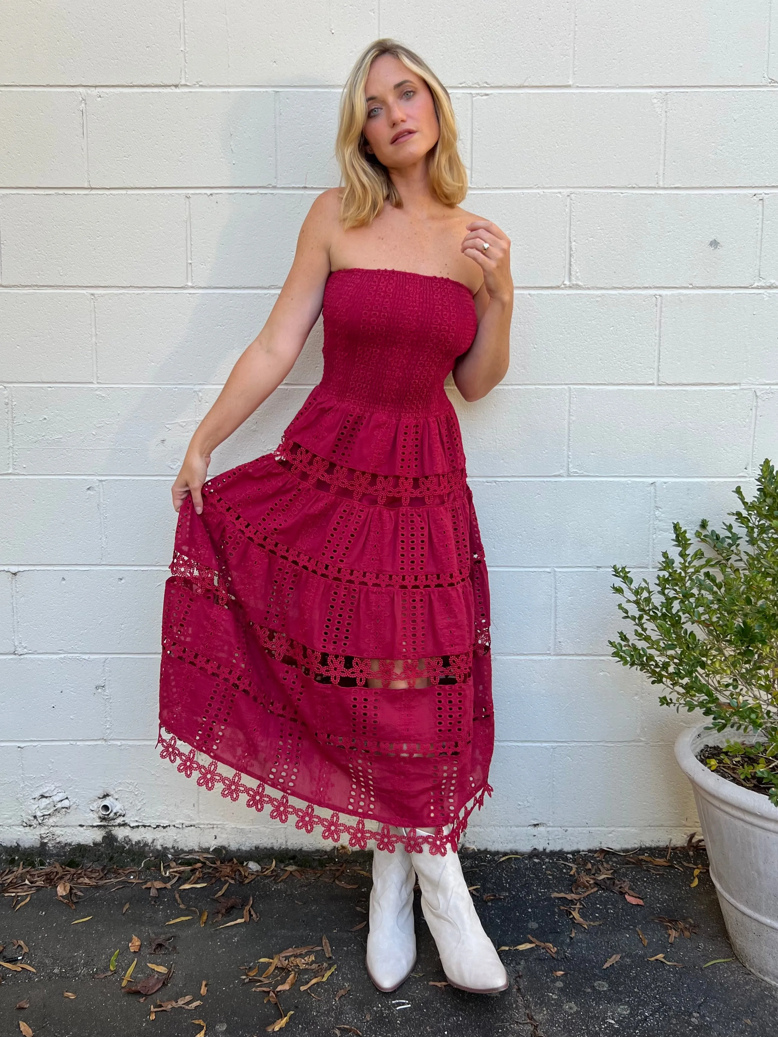 Cosmo Eyelet Lace Strapless Midi Dress - Burgundy