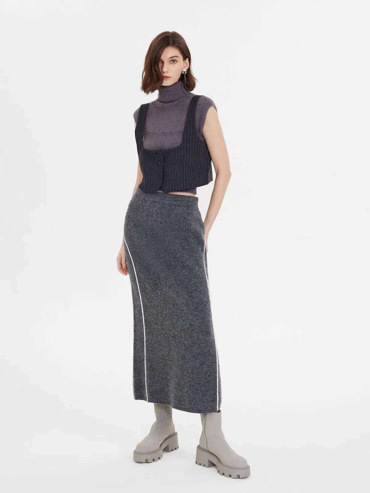 Cozy Color-Block Stretchy Long Skirt