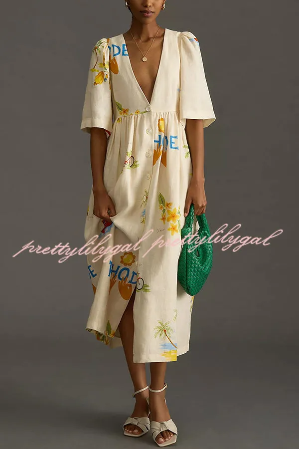 Cozy Summer Linen Blend Unique Print Button Puff Sleeve Loose Midi Dress