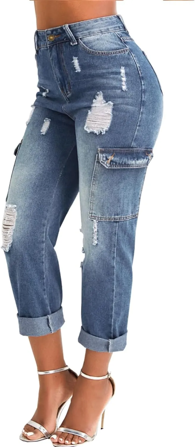 Cropped Trendy Dark Blue Denim High Waist Cargo Style Pants