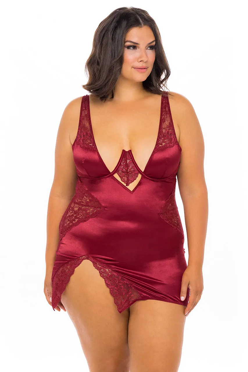 Curvy Allegra Satin and Lace Babydoll Dress - RHUBARB