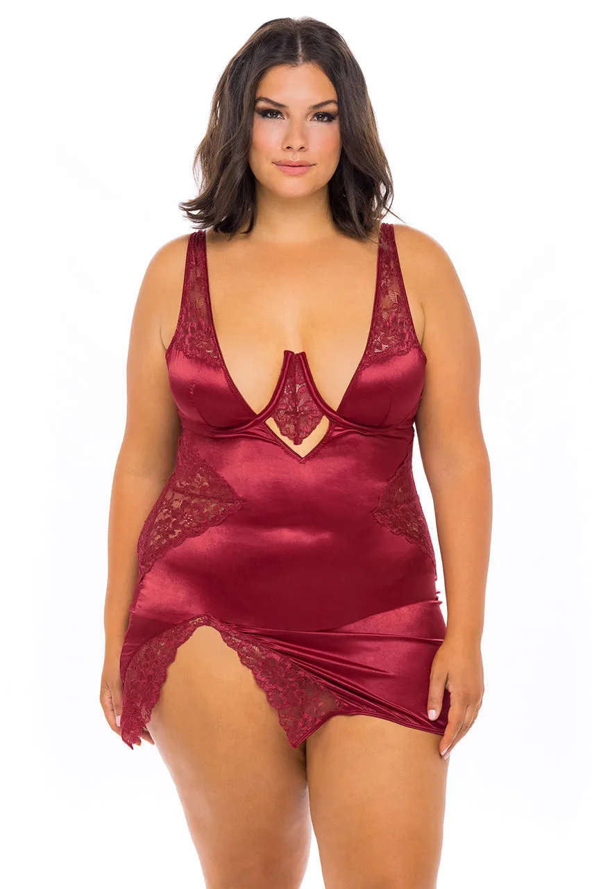 Curvy Allegra Satin and Lace Babydoll Dress - RHUBARB