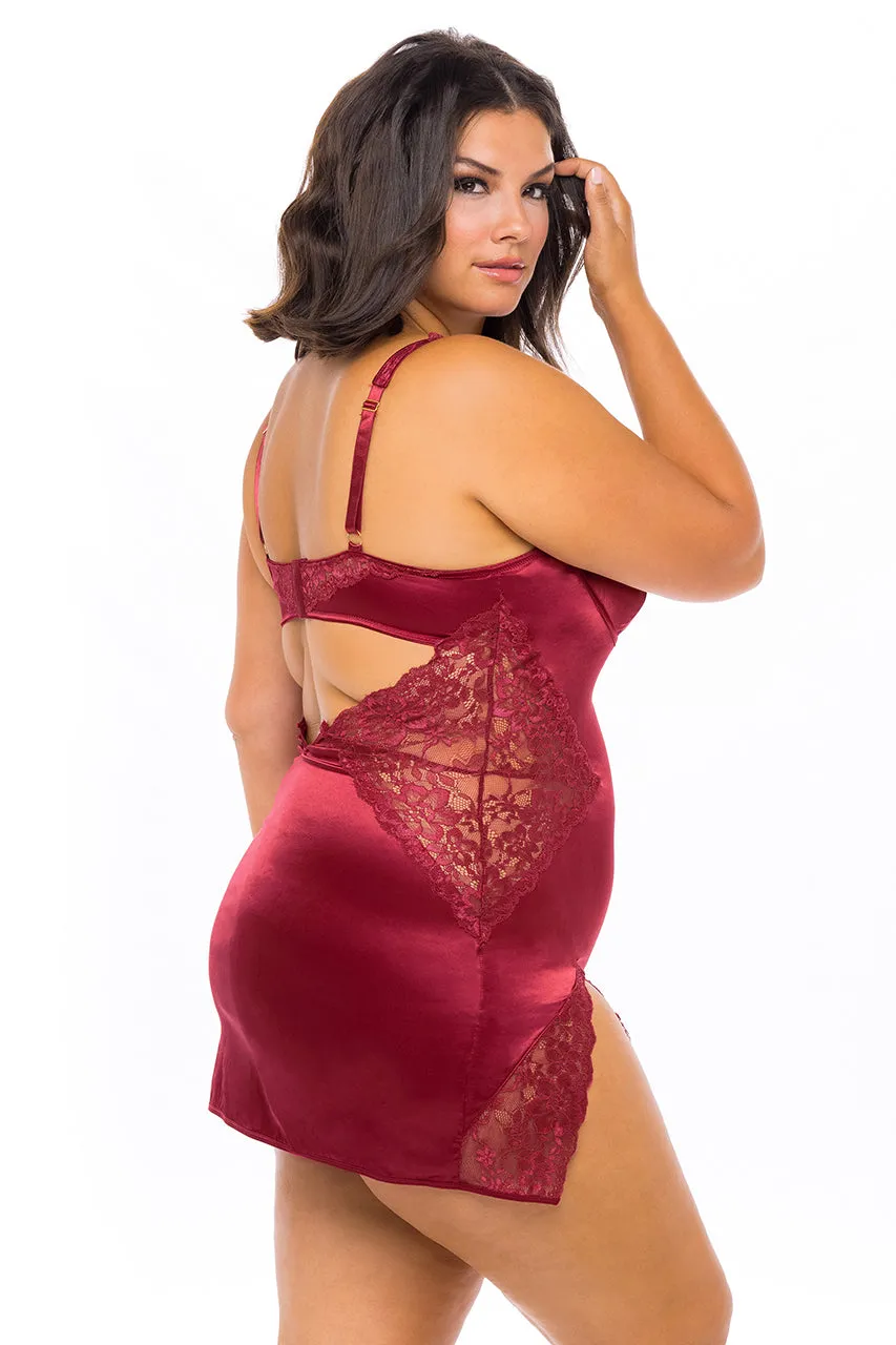 Curvy Allegra Satin and Lace Babydoll Dress - RHUBARB