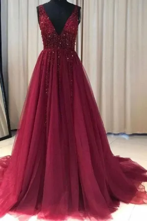 Custom Made Burgundy Tulle Lace Appliques Top Prom Dress Long