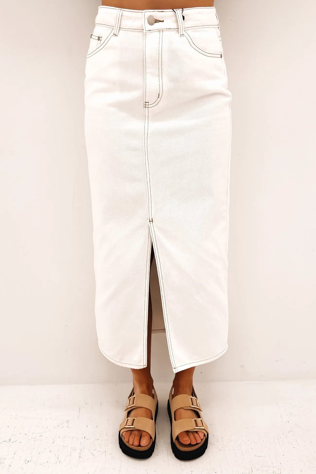 Daisie Denim Midi Skirt White