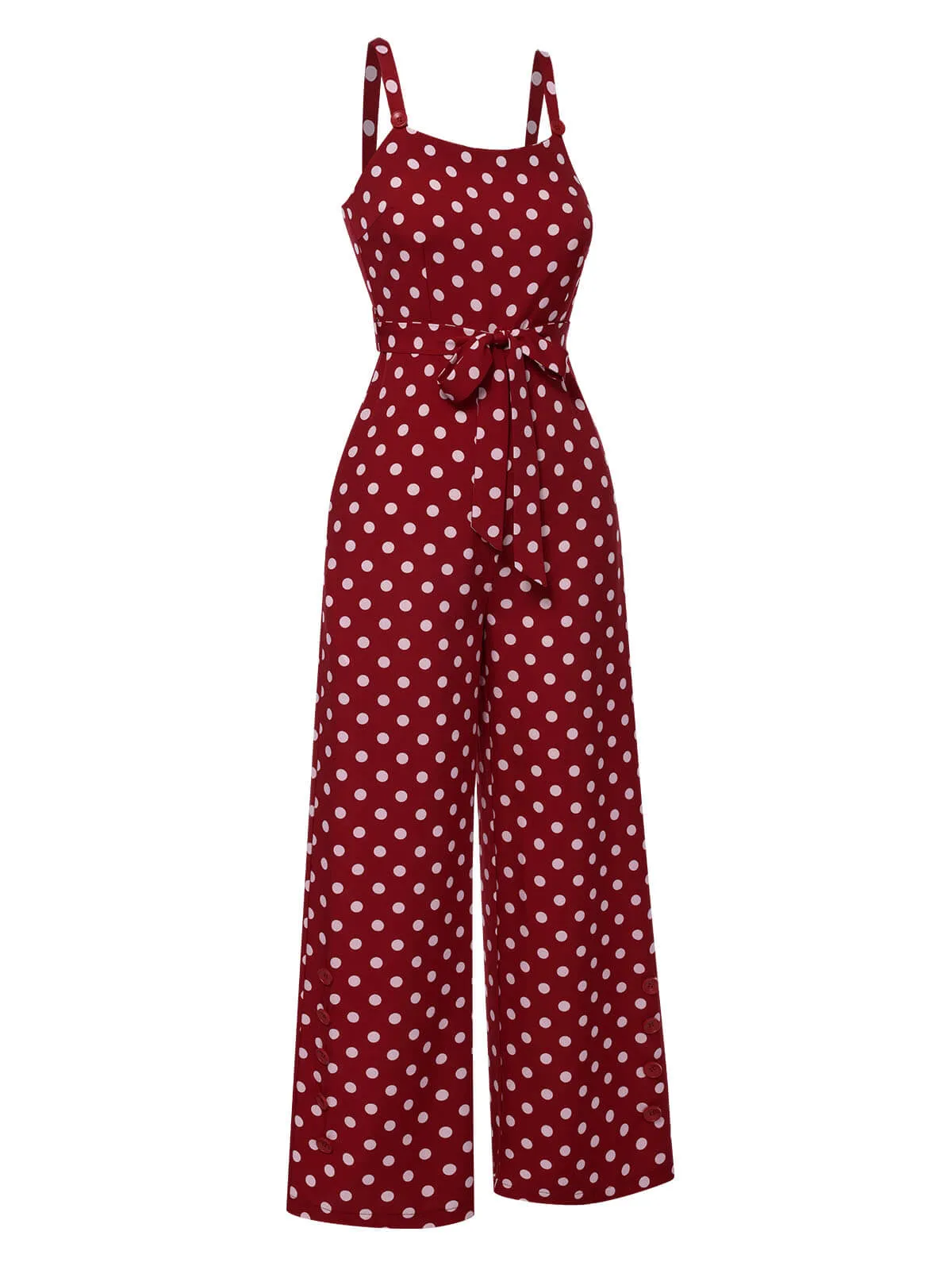 Deep Red 1940s Polka Dot Straps Jumpsuit