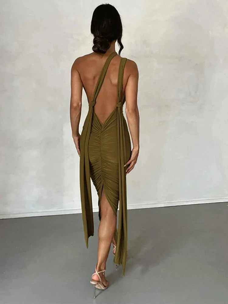 Deep V Neck Summer Slim Bandage Bodycon Backless Sexy Midi Dress