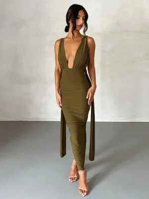 Deep V Neck Summer Slim Bandage Bodycon Backless Sexy Midi Dress