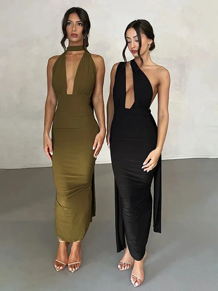 Deep V Neck Summer Slim Bandage Bodycon Backless Sexy Midi Dress