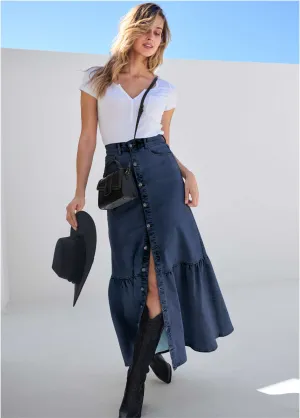 Denim Button Down Skirt - Dark Wash