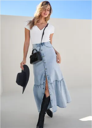 Denim Button Down Skirt - Light Wash