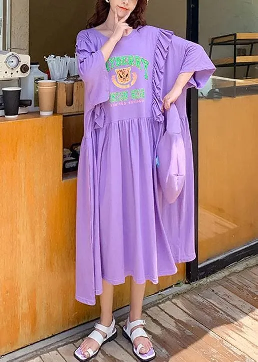 DIY o neck Ruffles clothes Outfits purple Cartoon print long Dress