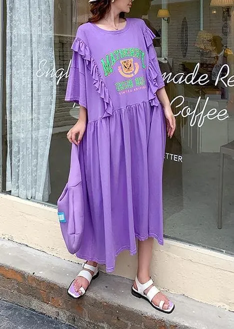 DIY o neck Ruffles clothes Outfits purple Cartoon print long Dress