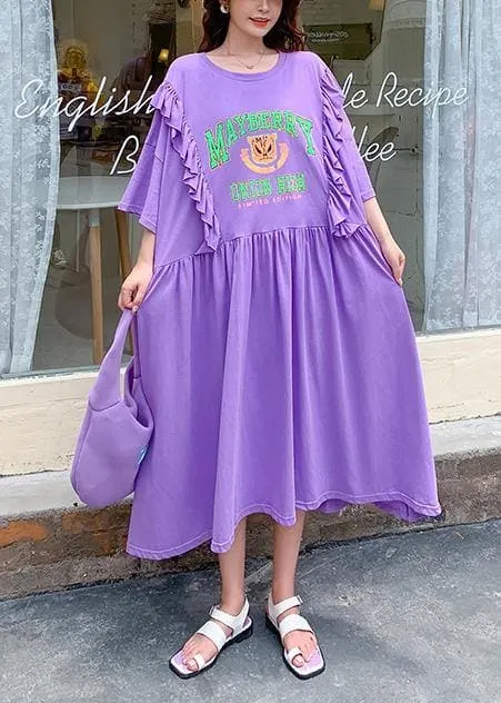 DIY o neck Ruffles clothes Outfits purple Cartoon print long Dress