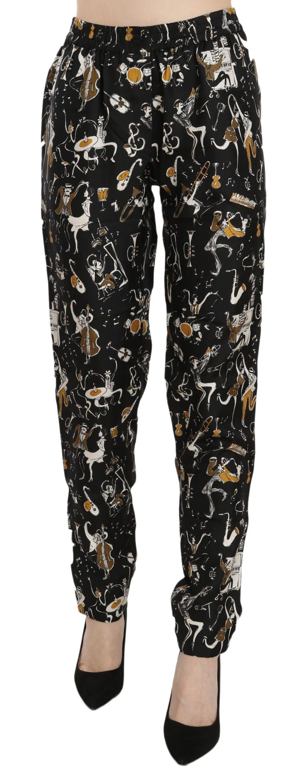 Dolce & Gabbana Black Jazz Club Print High Waist Tapered Pants