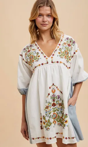 Dua Embroidered Babydoll Contrast Mini Dress