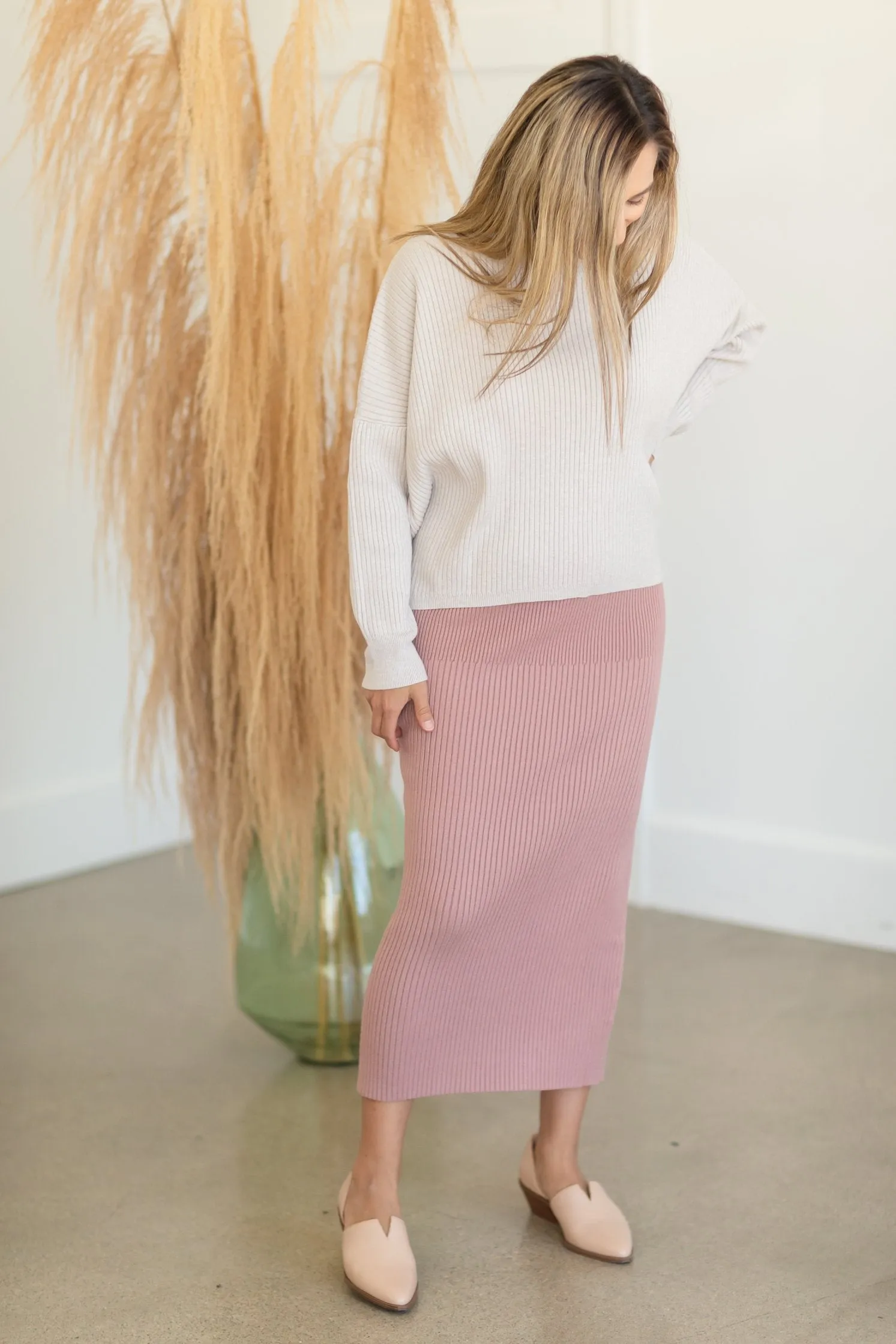 Dusty Rose Ribbed Sweater Midi Skirt - FINAL SALE