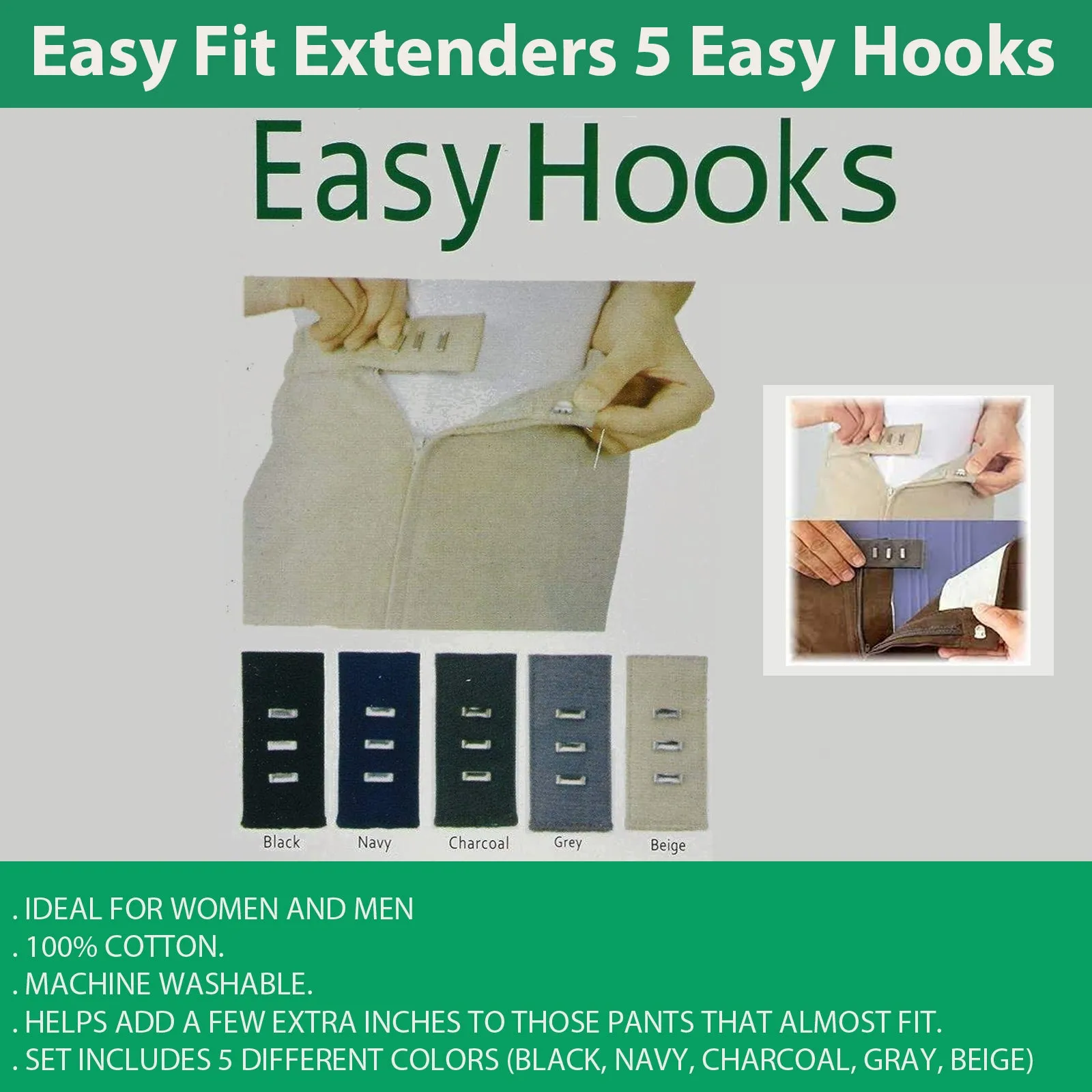 Easy Fit Extenders - C - 5 Hooks (Black, Navy, Charcoal, Gray, Beige)